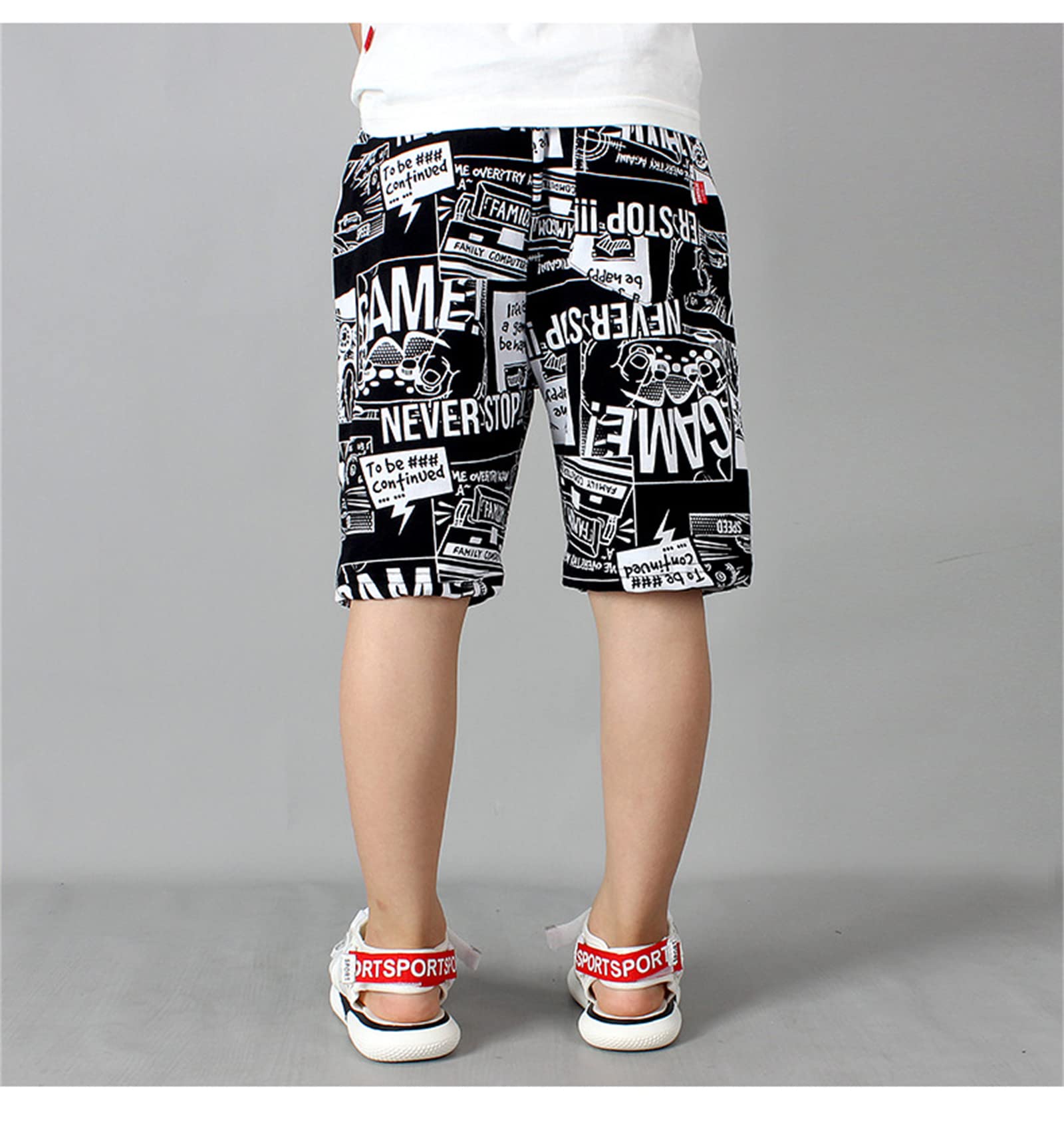 JXGSGOGO Boys Cotton Sport Shorts Drawstring Soft Jersey Athletic Shorts Unisex Height 110-120cm Printed Black