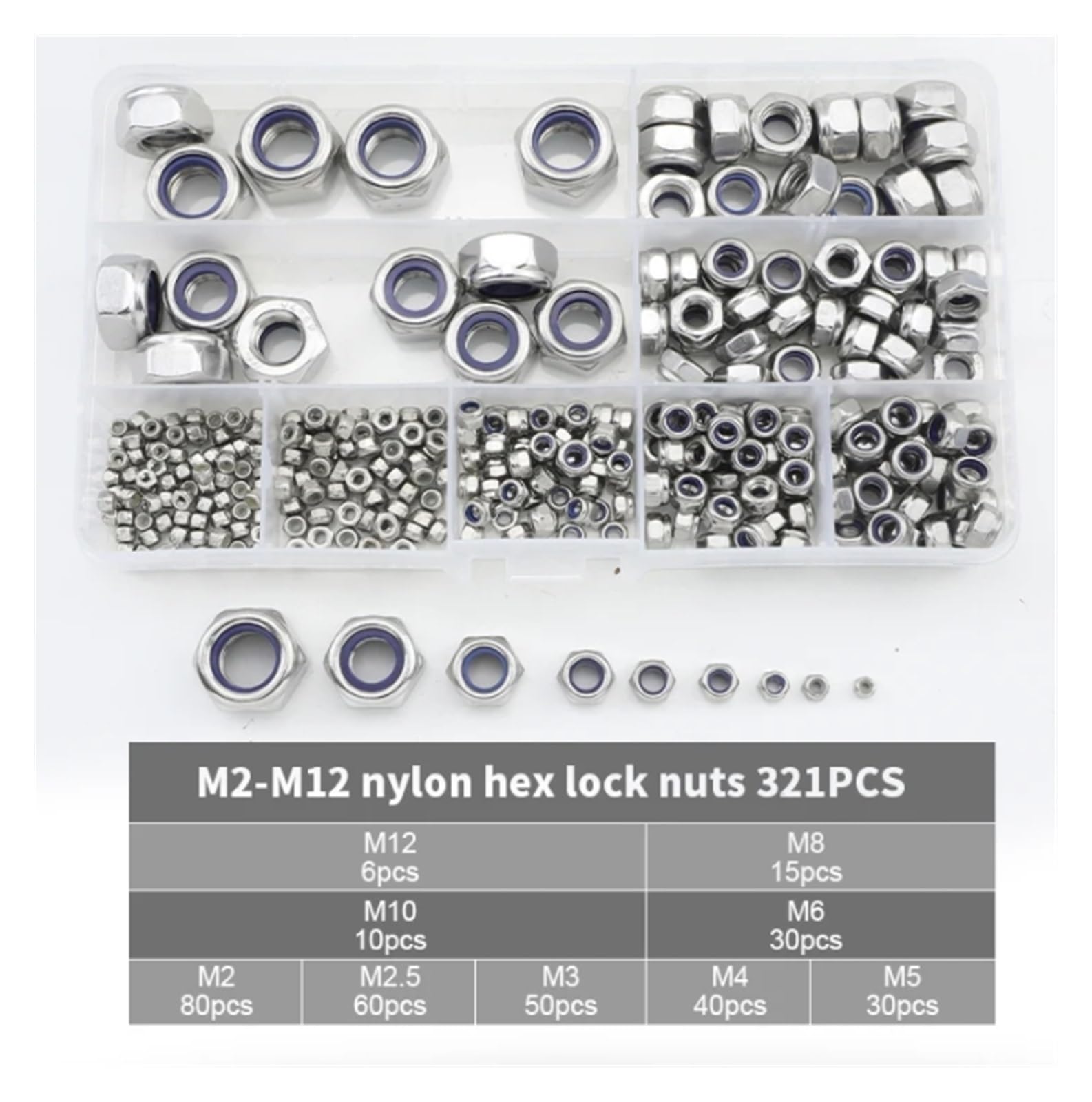 Juego de tuercas hexagonales de seguridad de nailon, acero al carbono galvanizado negro, M2-M12, kit surtido de tuercas autoblocantes DIN985(304 m2-m12 321pcs)