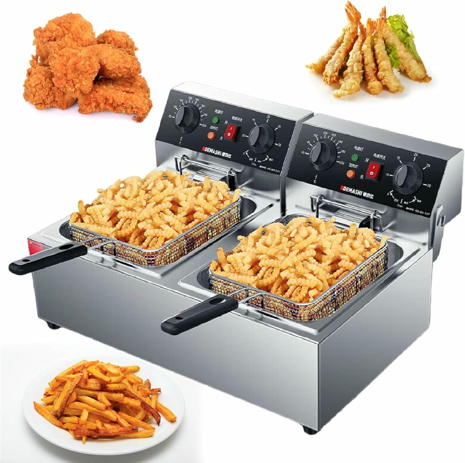 3000W * 2 Electric Countertop Fryer, Heavy Duty Large Stainless Steel Deep Fryers Commercial with Double Baskets, Lid and High Legs for Restaurant~/