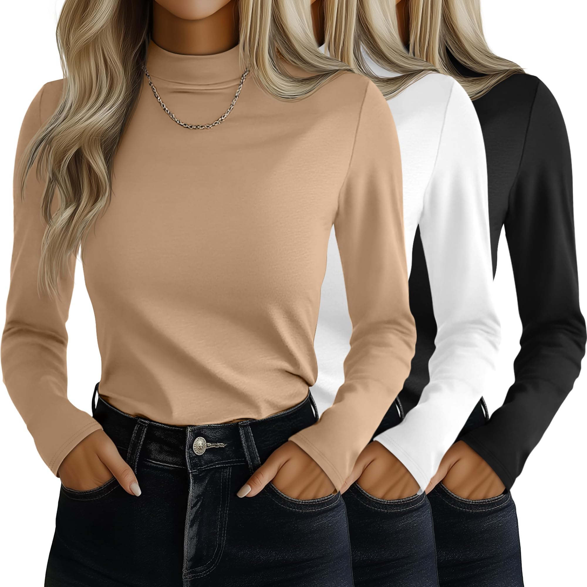 3 Pack Women's Mock Turtleneck Shirts, Long Sleeve Mock Neck Pullover Tops Slim Fitted Stretch Undershirt Tee Blouse