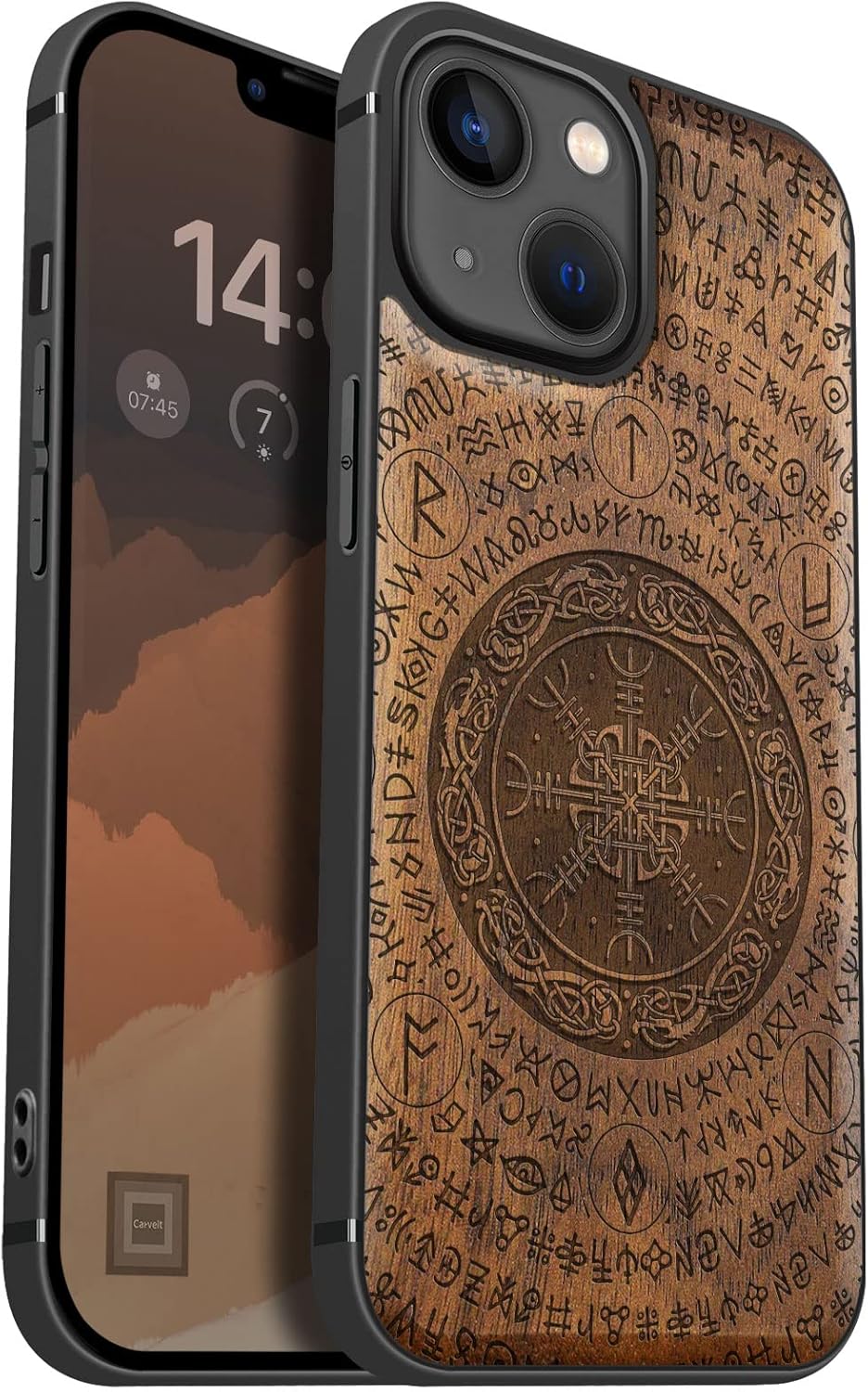 Carveit Magnetic Wood Case for iPhone 13 Mini - Natural Wood & Black Soft TPU - Shockproof Protective Cover - Unique & Classy Wooden Case - Compatible with MagSafe (The Vegvisir of Viking - Walnut)
