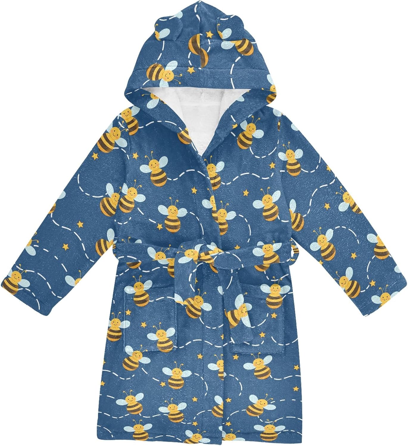 Bees Navy Pattern Toddler Hooded Bathrobe for Boys Girls Soft Plush Bath Towel Robe 2-12 Years