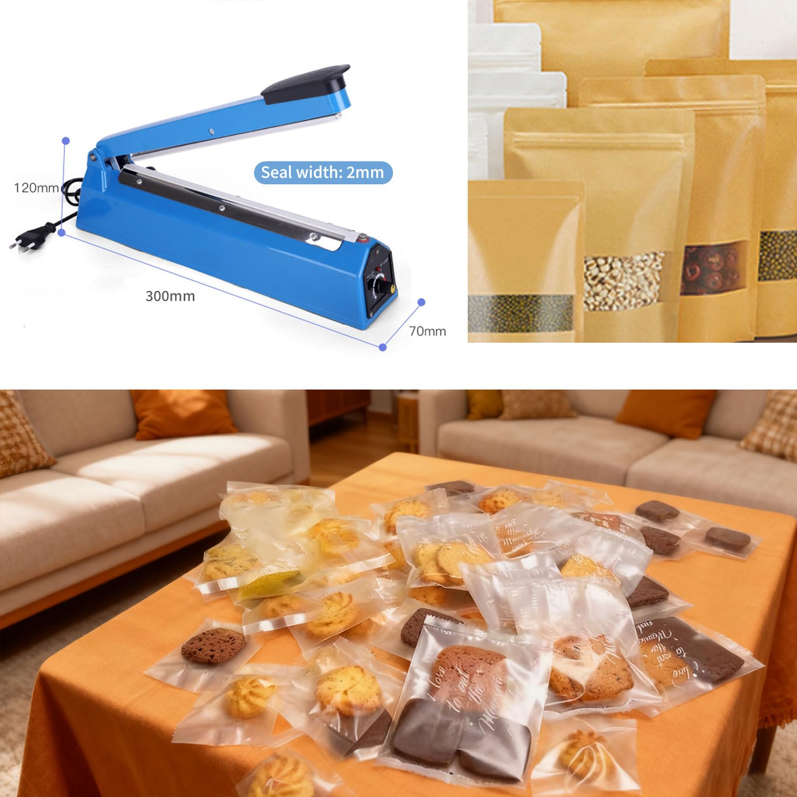 Sellador térmico de impulso para bolsas de plástico, sellador térmico de bolsas de plástico de metal, sellador de bolsas de Mylar, máquina de sellado manual de bolsas de polietileno con agarre de