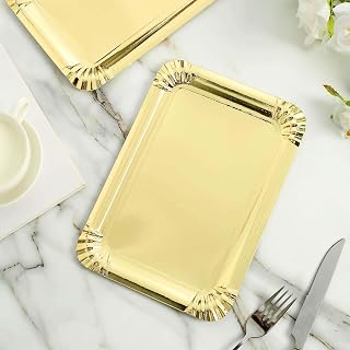 Efavormart 10 Pack | 9"x6" Gold Paper Cardboard Serving Trays, Rectangle Party Platters - 400 GSM