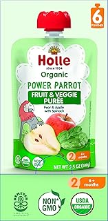 Organic Baby Food Pouches - Power Parrot Baby Puree with Pear, Apple & Spinach - (6 Pack) Organic Baby Snacks + Fruit and Veggie Pouches for Weaning Babies 6 Months and Older