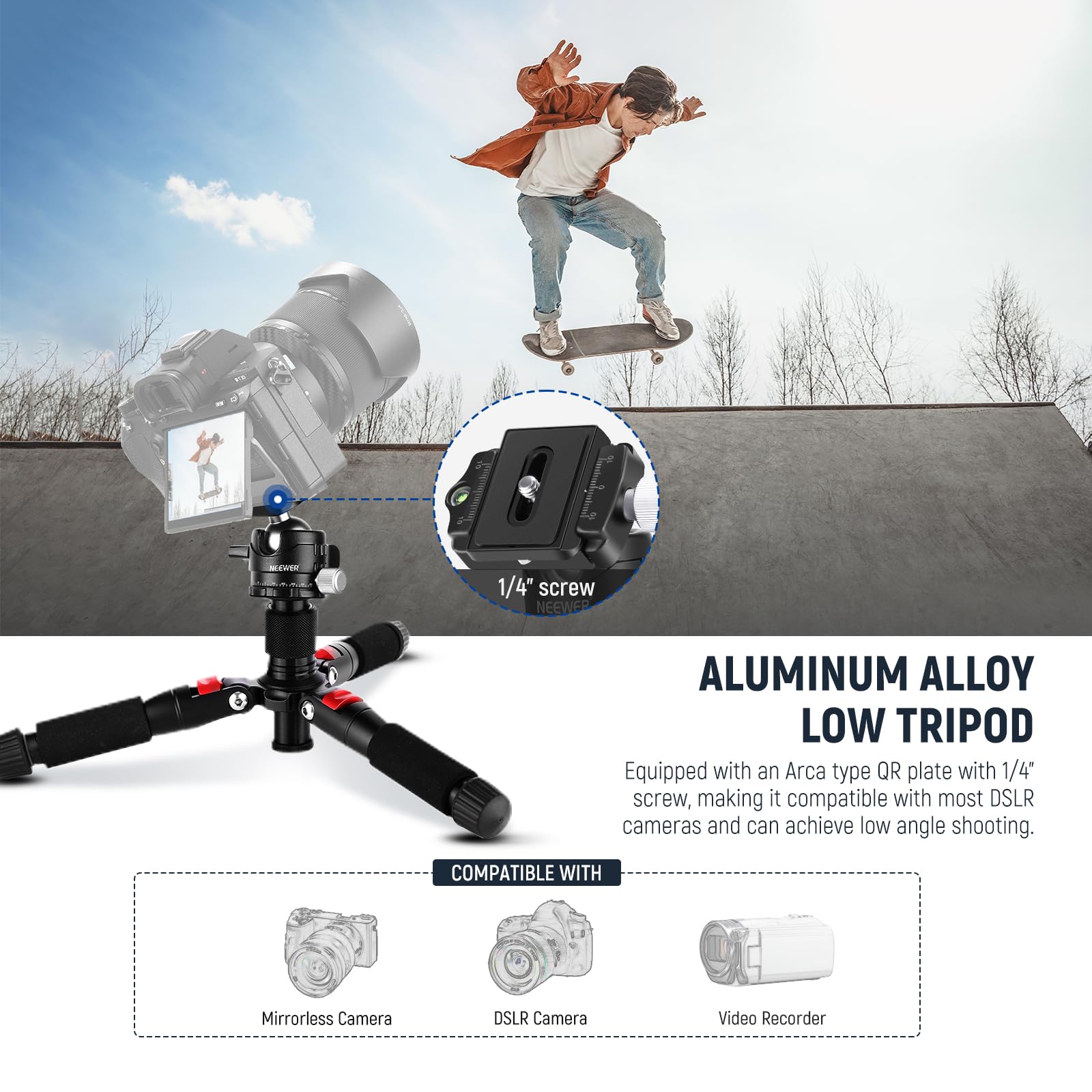 NEEWER Mini statyw stołowy, 20" stop aluminium, przenośny stojak podróżny, głowica kulowa 360°, płytka szybkiego montażu 1/4" do lustrzanek cyfrowych, nagrywania wideo maks. obciążenie 11 kg