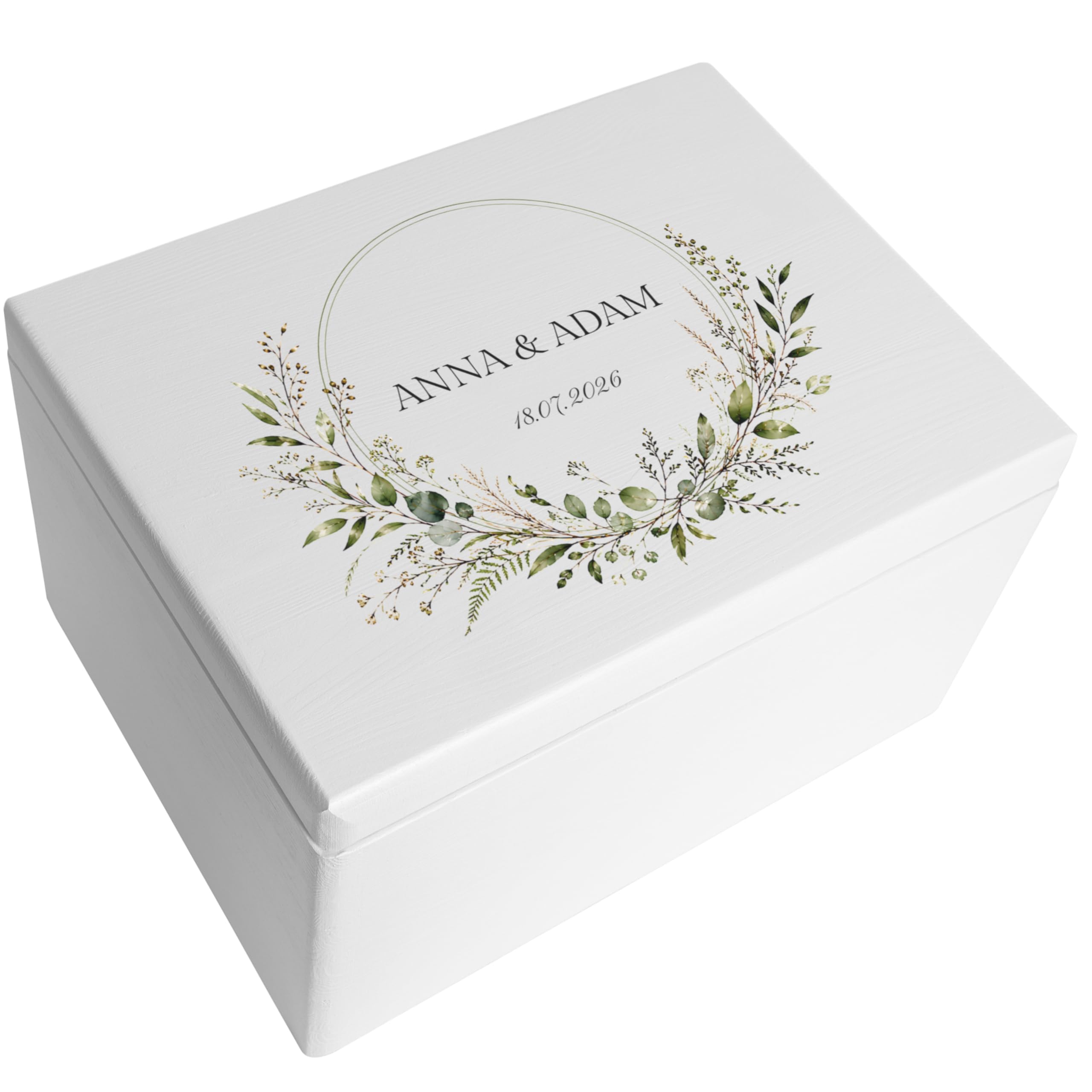 Creative DECO Personalizada Caja de Regalos Originales para los Novios Boda | Regalo Blanca | Caja Madera de Recuerdos Especiales | Parejas Aniversario Matrimonio | Motivo Corona con Hojas Nombres Fecha