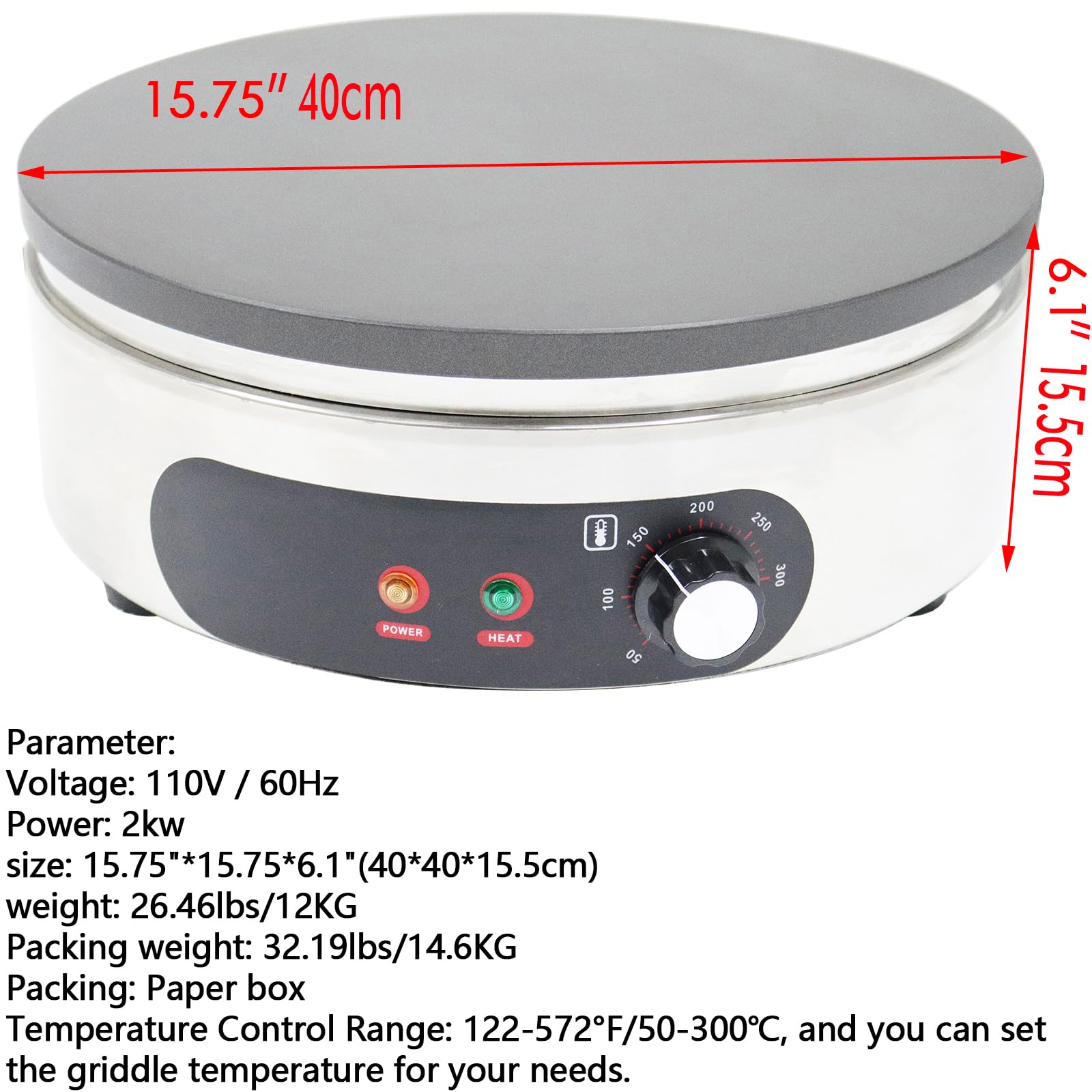 WYDDDARY Single Electric Round Crepe Maker 110V 2KW Commercial Pancake Machine Nonstick Pan Griddle Machine Pot Size 15.75? for Blintzes Eggs Bacon