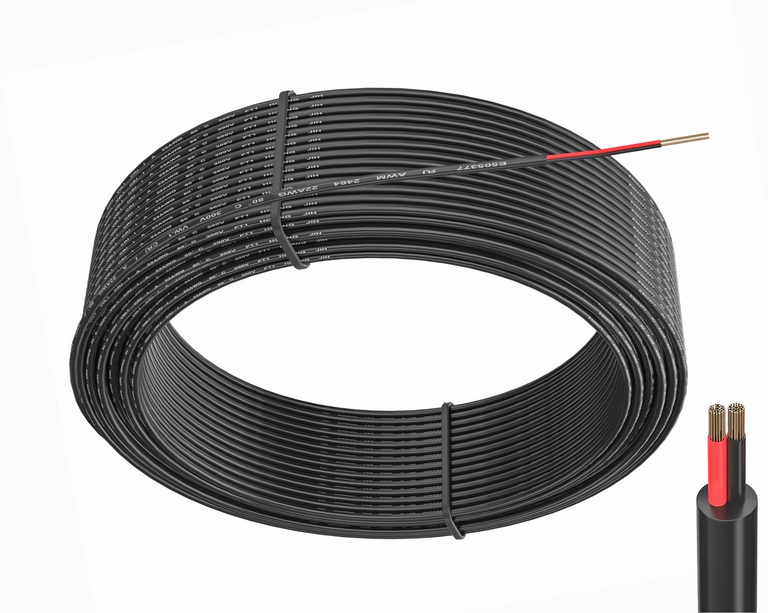 22 AWG 2 Conductor Electrical Wire - 20ft Stranded PVC Cord Oxygen-Free Copper Cable for Low Voltage LED Strips, Lamps, Lighting & Automotive -