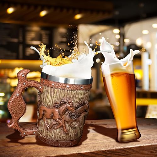 Vista 2 de Taza de cerveza de barril de madera, taza de acero inoxidable de 20 onzas, taza de café, caballos, regalos para mujeres y hombres, regalo