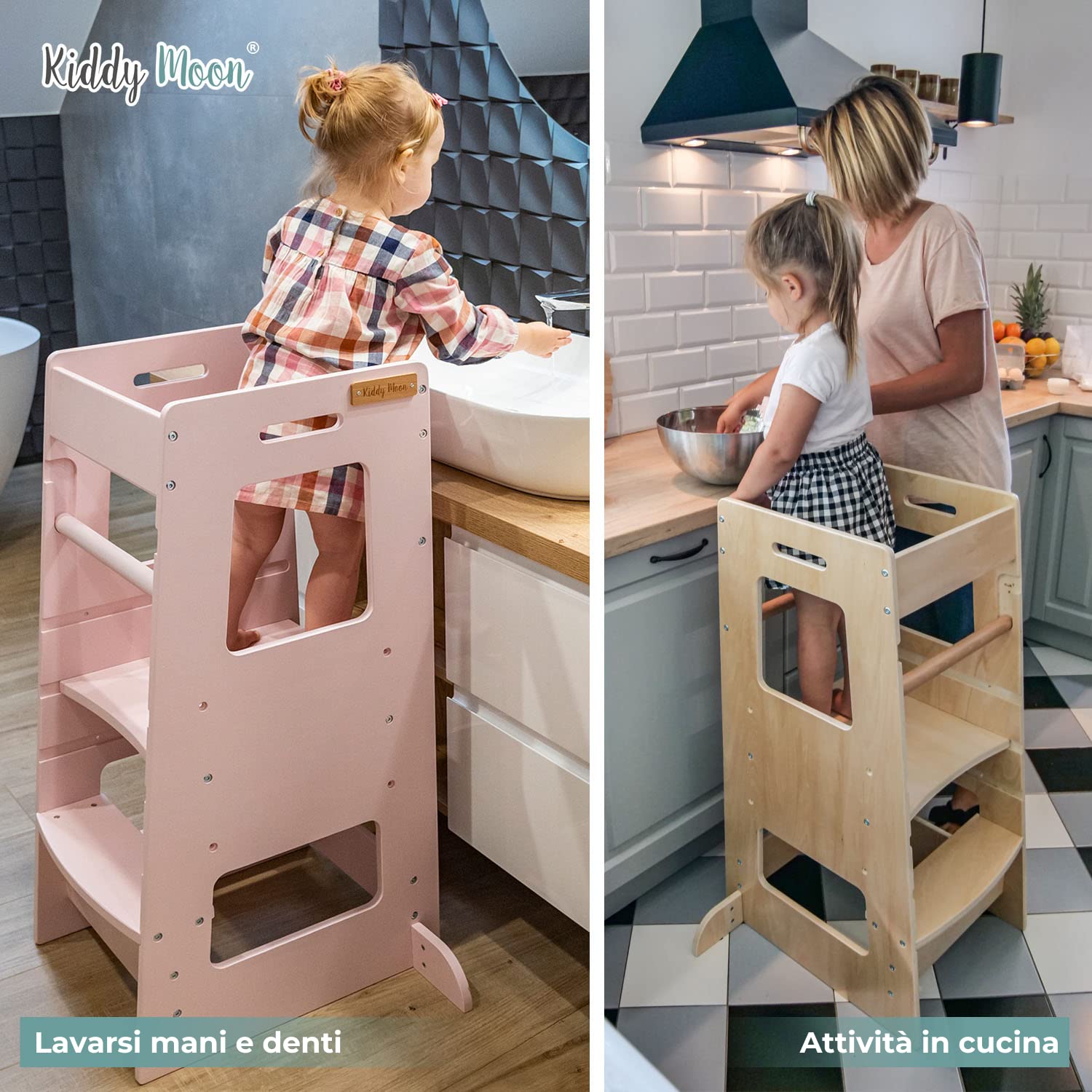 KiddyMoon Torre Montessori Bambini, Learning Tower Cucina, Pedana Regolabile 3 Altezze, Bianco