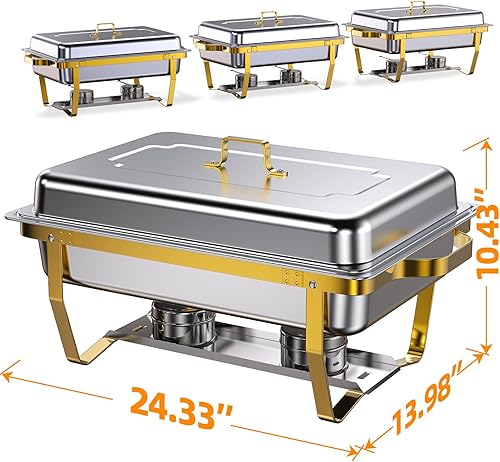 Miniatura 8 de Juego de 4 platos de roce para buffet, 8 cuartos de galón elegantes colores dorado y plateado Juego de bufé de acero inoxidable resistente y de alta