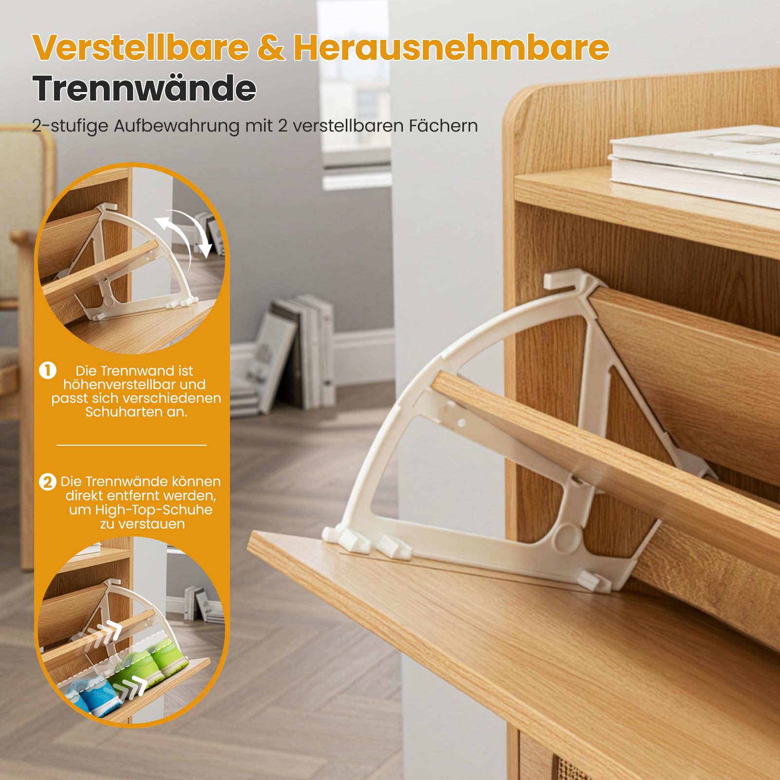 Rattan Schuhschrank Schmal, 2/4 Klapptüren, Platzsparender Schuhkipper mit verstellbaren Böden, 23,8 cm tief, Kippsicherung, Großer Schuhschrank für Eingang, Flur, Wohnzimmer (4 Klappen)