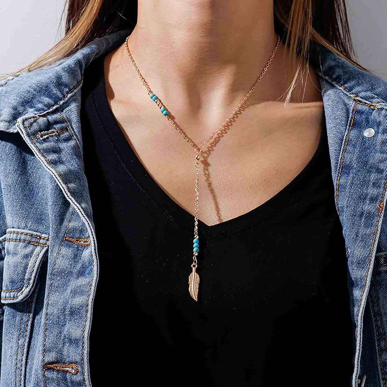 Andelaisi Boho Turquoise Y Lariat Necklace Vintage Long Feather Pendant Necklace Gold Turquoise beads Choker Necklace Adjustable Leaf Y Chain Necklace Jewelry for Women - Image 2