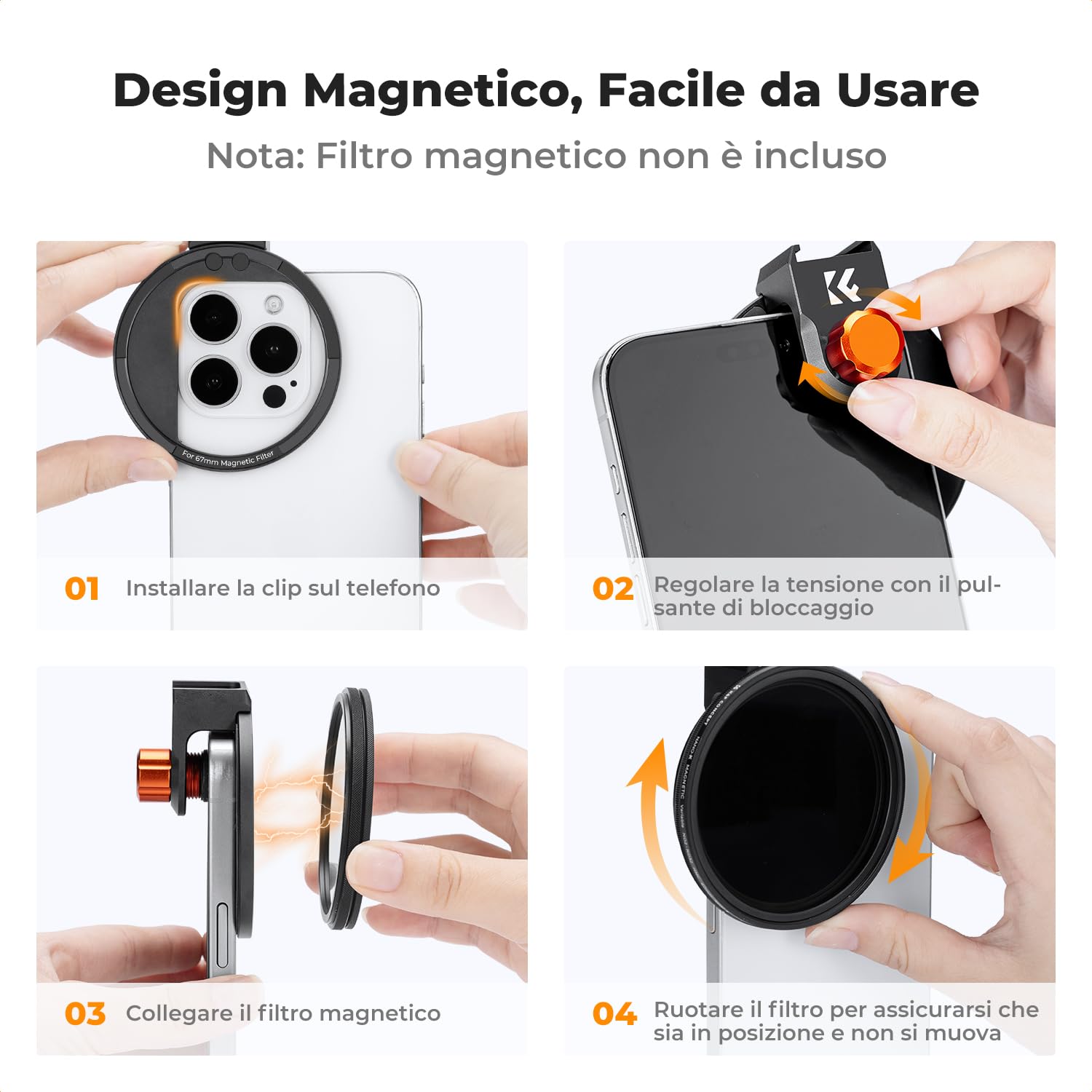 K&F CONCEPT 67mm Clip-on Magnetico Filtro Adattatore per Cellulari, Adattatore per Anello Magnetico per Filtros Telefono Compatibile con iPhone 15 X Pro Max 14 13 12 11