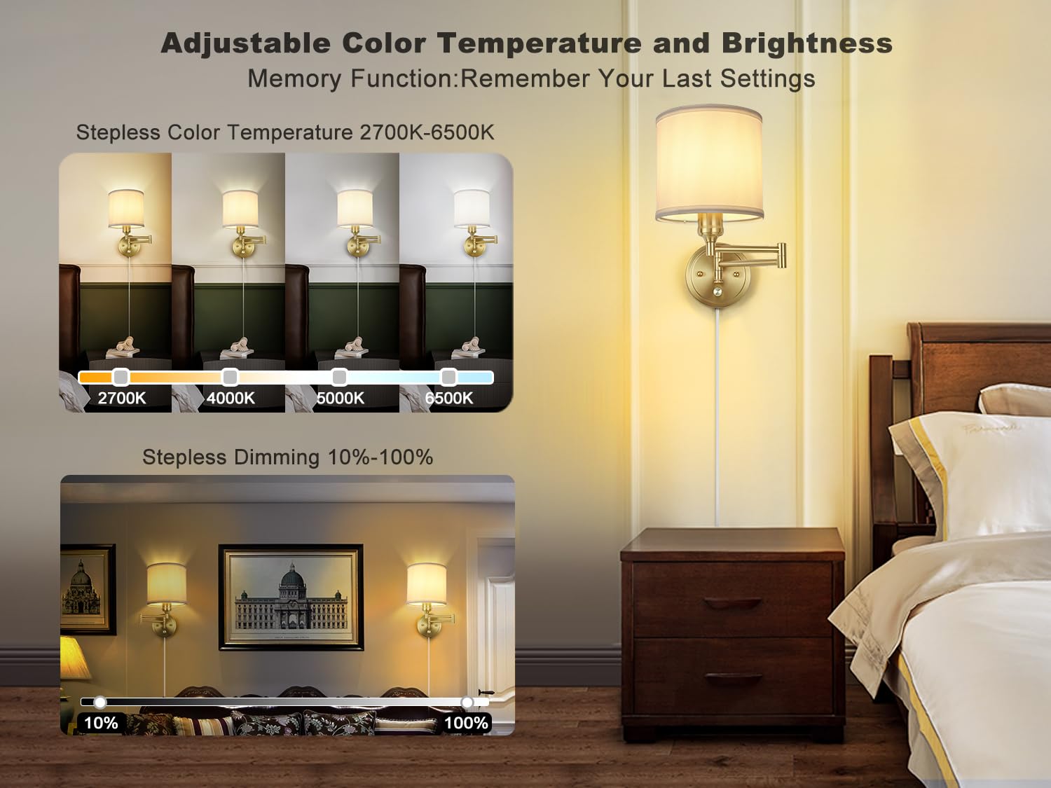 Plug in Wall Sconces with Remote Control, Dimming 10%-100% & Adjustable Colors 2700K-6500K, Hardwire or Plug-in, Swing Arm Wall Lamp with White Fabric Shade, Wall Sconces Set of Two, Gold Finish
