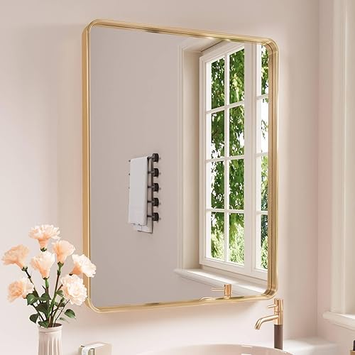 Espejo de baño dorado, espejo de baño dorado cepillado de 24 x 32 pulgadas, espejo de pared con marco de metal dorado cepillado, espejo rectangular