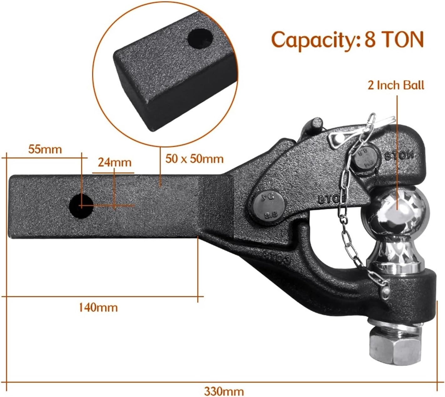 Heavy Duty Cap 8 TON 2 Inch Ball Shart Shank 1 Hole Combo Pintle Hook Receiver Arm Hitch Towing 4WD Truck Trailer Parts