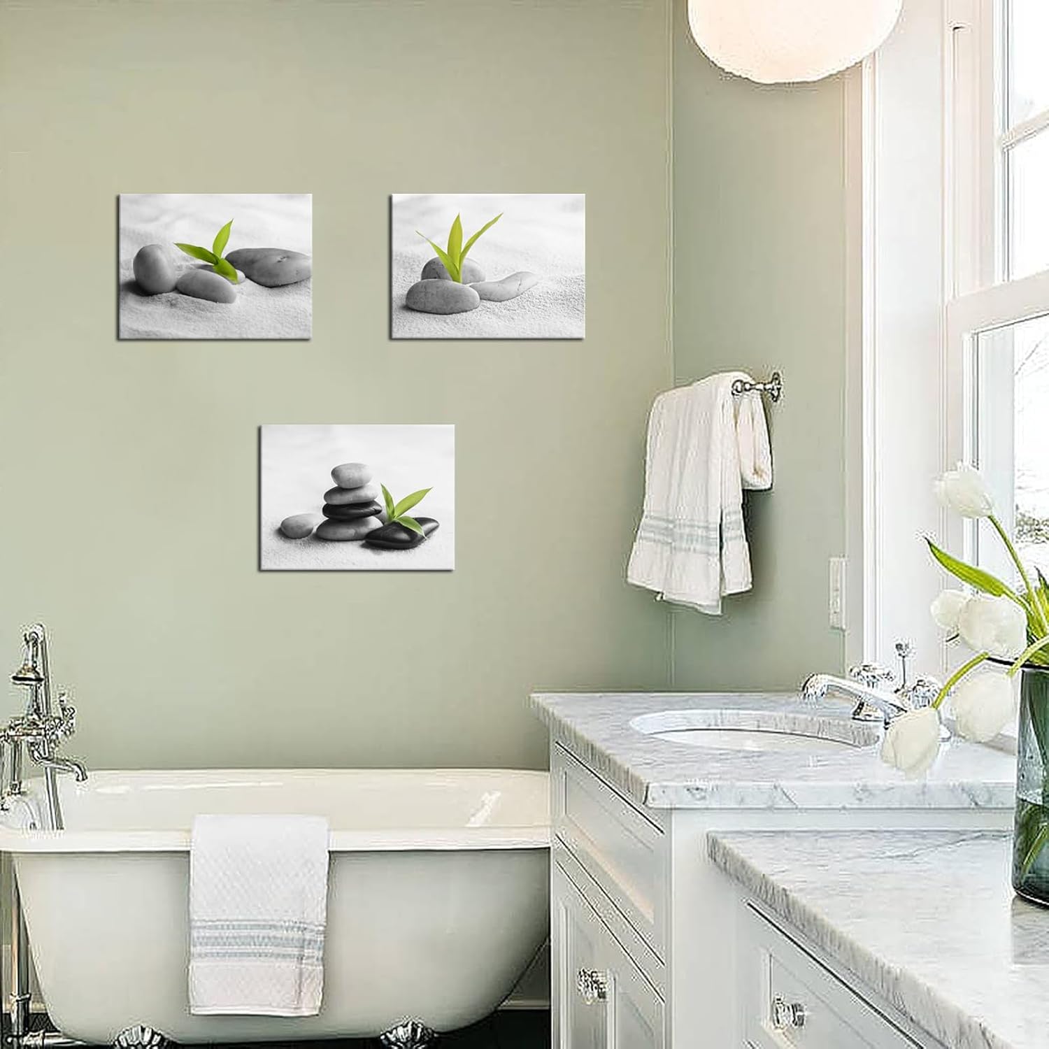 Biuteawal 3 Piece Zen Canvas Wall Art for Bathroom Decor Zen Stone with Green Plant Picture Print Peaceful Still Life Artwork Painting Modern Home Bedroom Meditation Room Spa Room Decoration