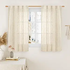 LAMIT 54 Inch Semi Sheer Window Linen Curtains, Light Filtering Panels Back Tab and Rod Pocket Neutral Drapes for Bedroom/Small Window, Beige, 2 Panels, 34 x 54 Inch