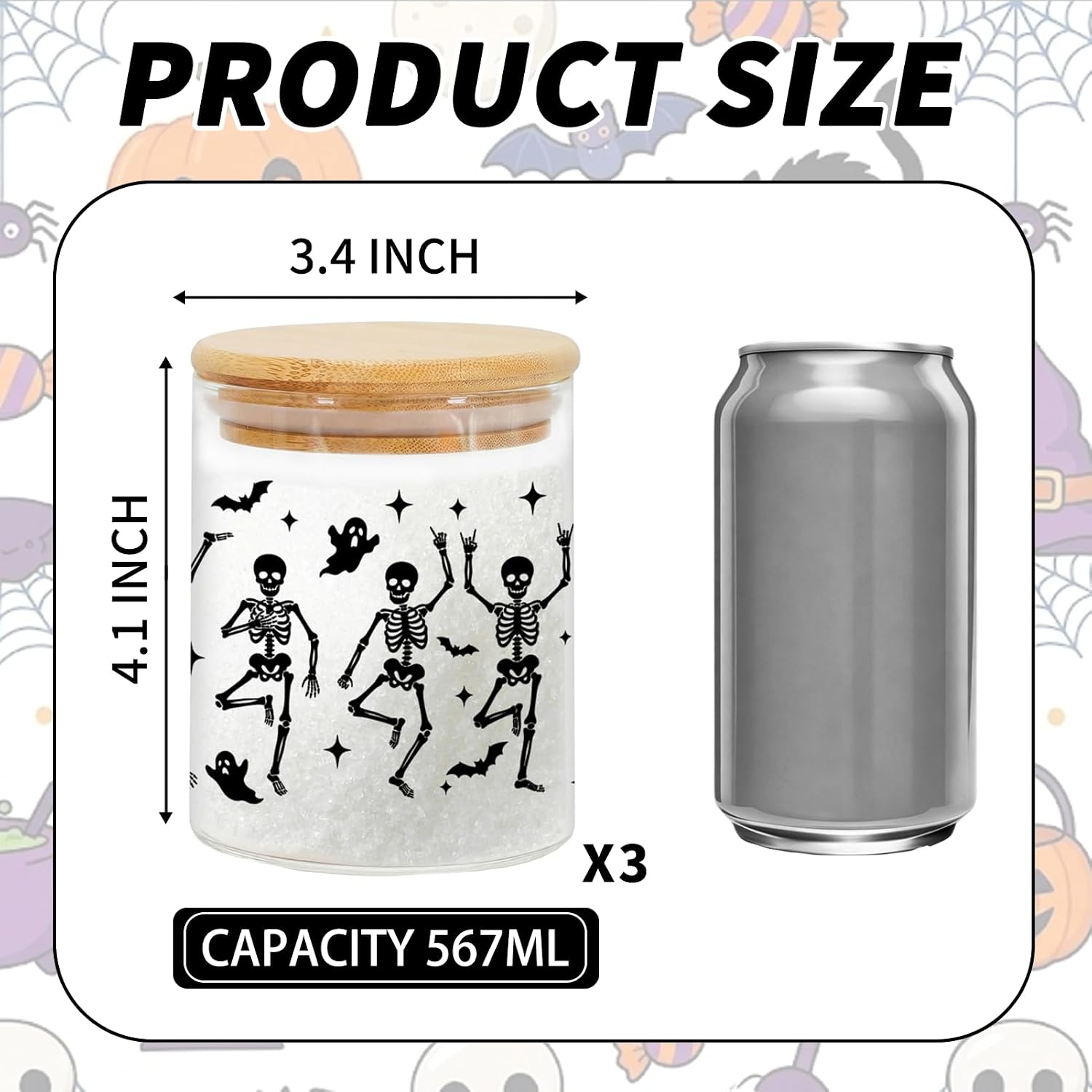 Halloween Skeleton Candy Cookie Glass Jars, Food Container, 3 Pack image 3