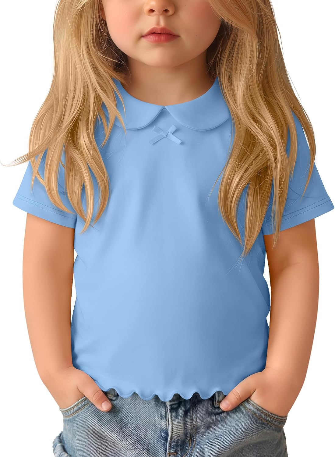 Toddler Girls Short Sleeve Shirts Doll Collar Tops Baby Lettuce Trim Cute Blouse with Bow Kids Solid Casual Tees