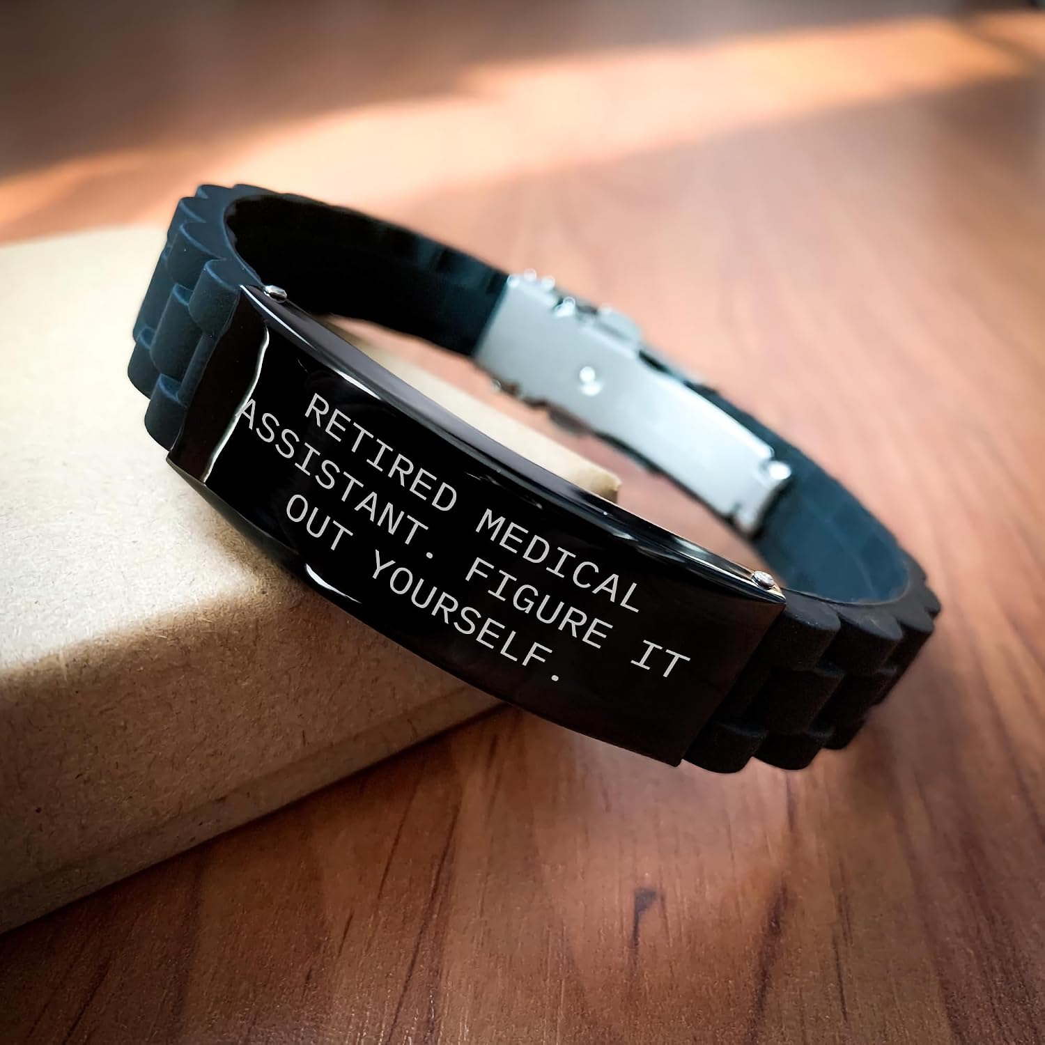 Medical Assistant Gifts from Friends - Graduation Unique Inspirational Quote 'Figure It Out Yourself.' Adjustable Glide lock Clasp Black Stainless Steel Silicone Bracelet for Medical Assistant