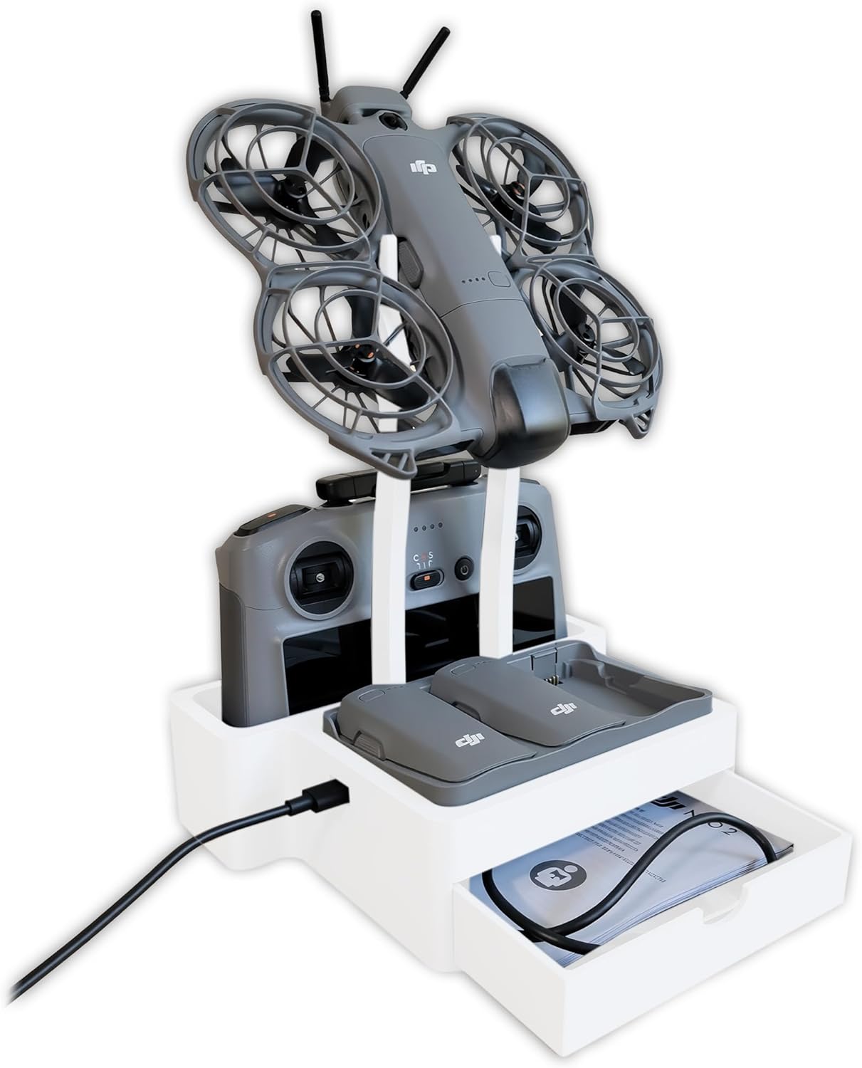 Drone Desk Organizer Stand for DJI Neo 2 - Drone Stand, Controller Holder, Battery Charging Hub Slot, Accessory Storage Drawer - Storage Display Stand (Gray)