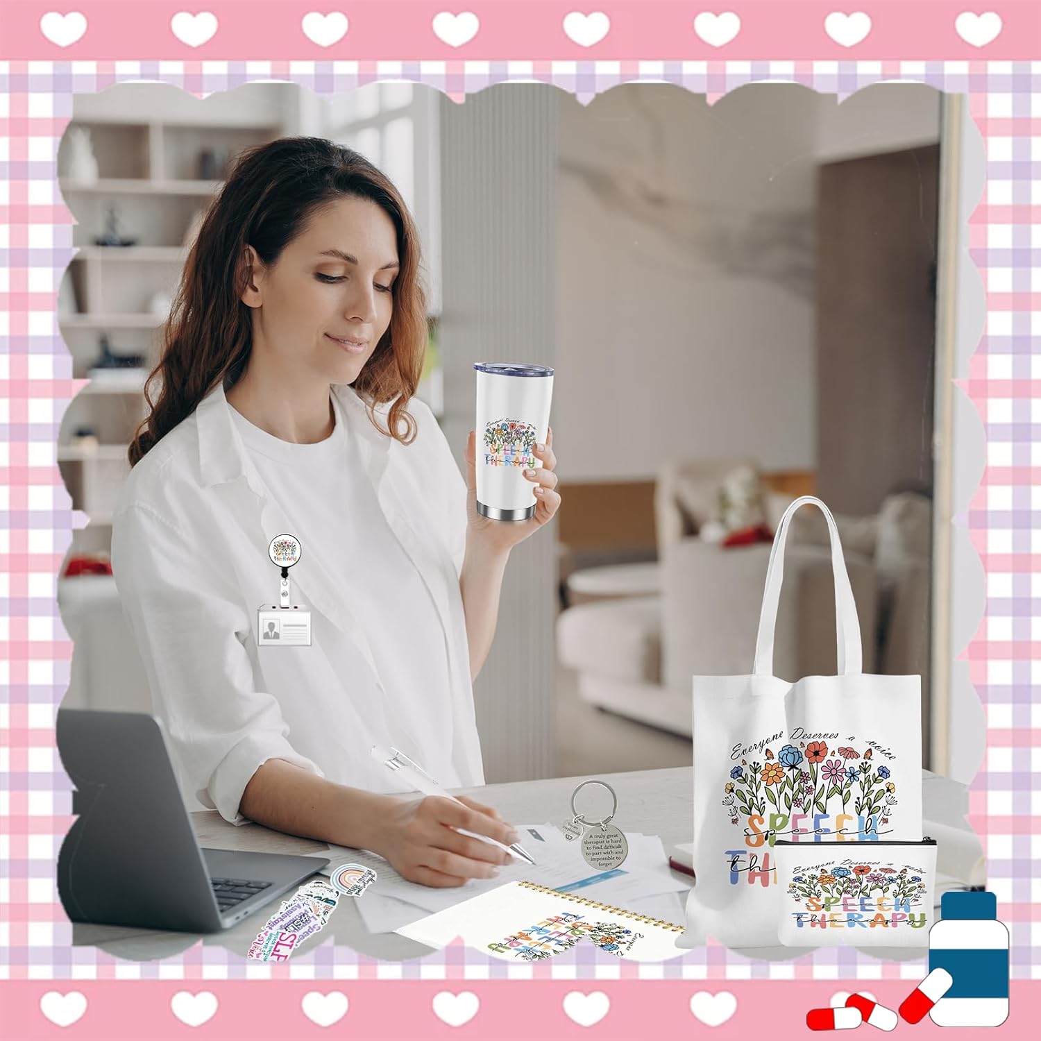 8 Pcs Speech Therapist Gifts SLP Gifts Set 20 Oz Tumbler Makeup Bag Canvas Bag Badge A5 Notebook Ballpoint Pen Sticker Keychain Thank You Appreciation Birthday Christmas - Image 5