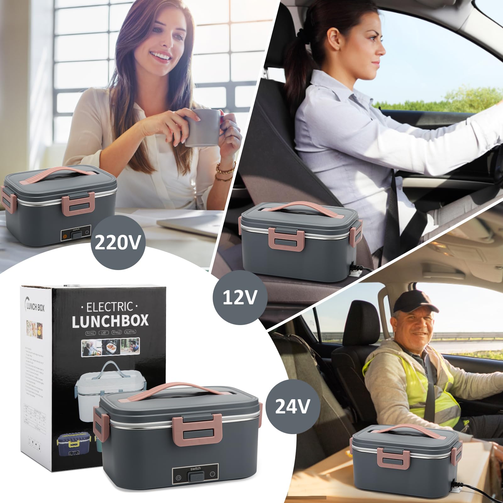 Elektrische Lunchbox 100W, 3-In-1 tragbare beheizte Lunchbox, 1,8L Edelstahl Entnehmbare brotdose, 12V/24V/220V Insulated Wärmebox Auto/Lkw/Bür (Grau, 1.8 L)