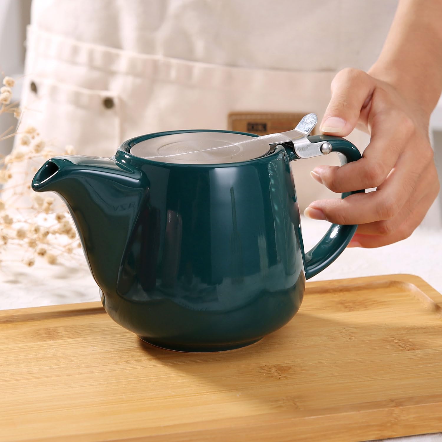 Tetera de cerámica con infusor de acero inoxidable para té suelto y té floreciente, tetera de cerámica resistente al calor y tetera de té, perfecta tetera verde, 500 ml