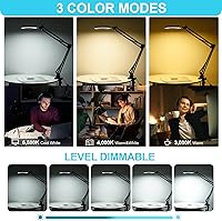 Vista 3 de LED Magnifier Desk Lamp with Stand, 3 Color Modes & Stepless Dimming 5-Diopter Glass Lens, Adjustable Swivel Arm - Magnifying lamp for Close Work