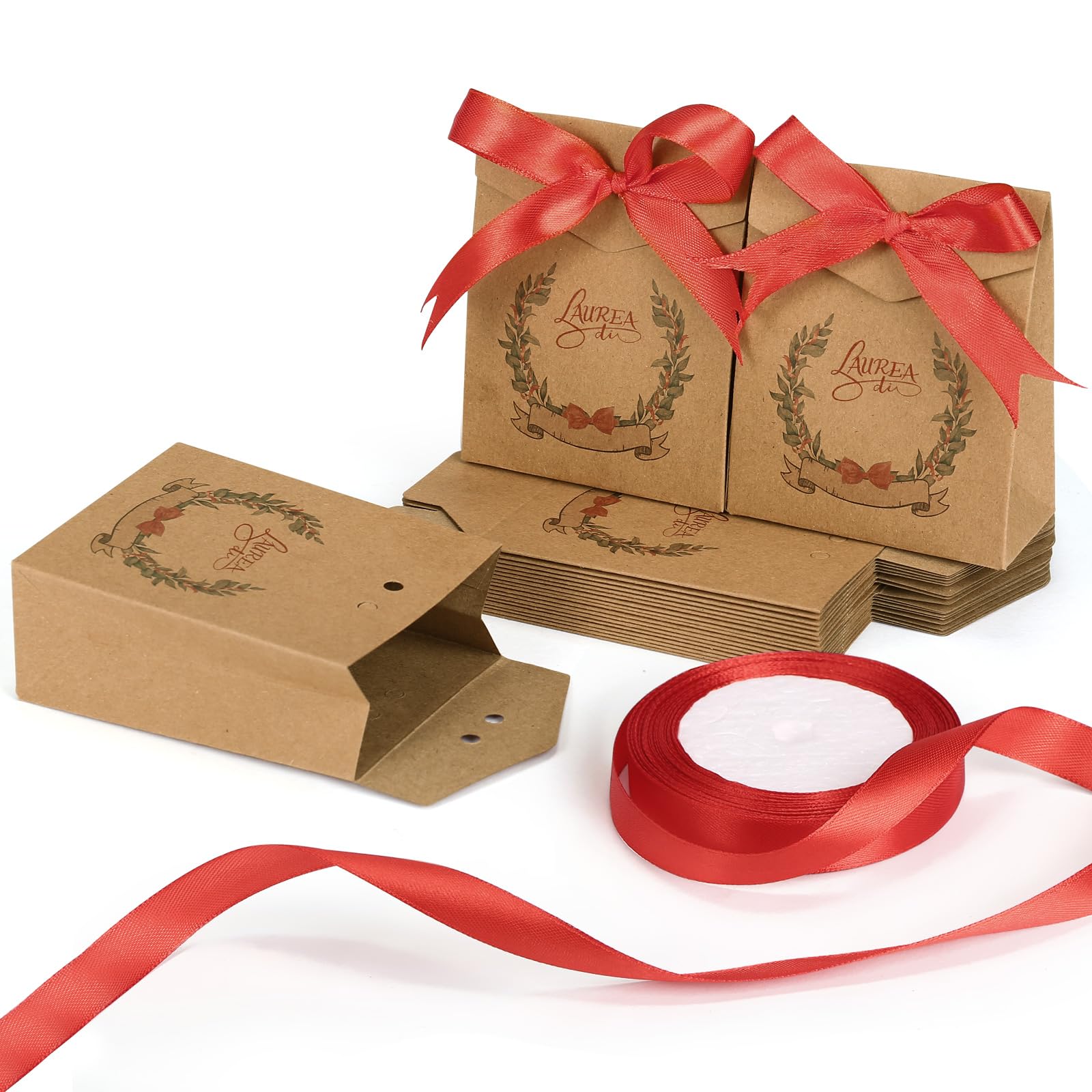 LEMESO Bomboniere Laurea 25pz, Scatoline Portaconfetti Laurea con Nastro Rosso, Motivi Originali da Scrivere Nome e Data, Scatoline Regalo 10x8x4cm