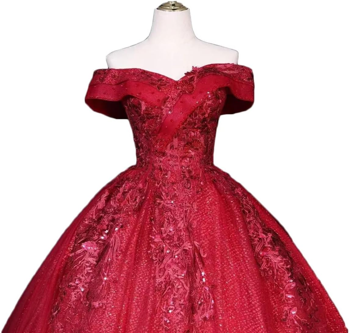 YJNXHN Women's Sparkly Tulle Off Shoulder Quinceanera Dresses Appliques Long Prom Dress Sweet 16 Ball Gown