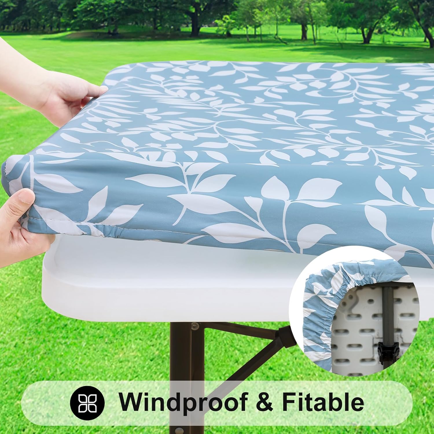 Smiry Rectangle Table Cloth Cover, Waterproof Elastic Fitted Picnic Tablecloth for 5 Foot Tables, Wipeable Flannel Backed Vinyl Tablecloths for Camping, Dining, Outdoor (Baby Blue, 36" x 60")