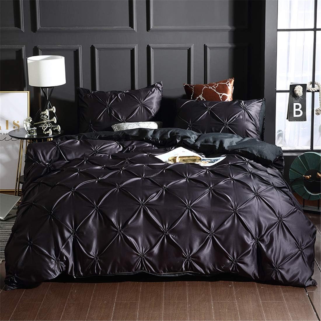 Erosebridal Pinch Pleated Duvet Cover Set Black Queen Size Silk Like Satin Pintuck Bedding Set with Zipper Ruffle Design Luxury & Microfiber Comforter Cover Pintuck Decorative Bedspread Cover