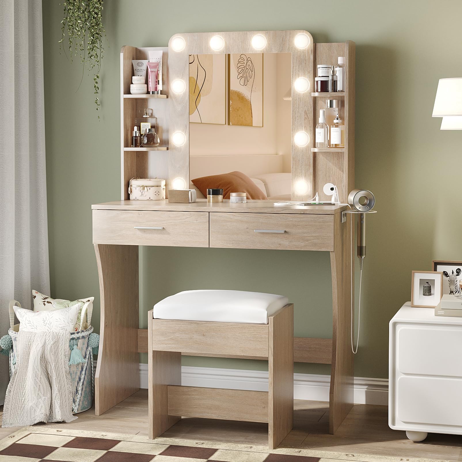 - Vabches Vanity Desk with Mirror and Lights,Makeup Vanity Table with Charging Station,2 Drawer Bedroom Dressing Table with 3 Colors Modes Dimming & Cushioned Stool,Natural Oak