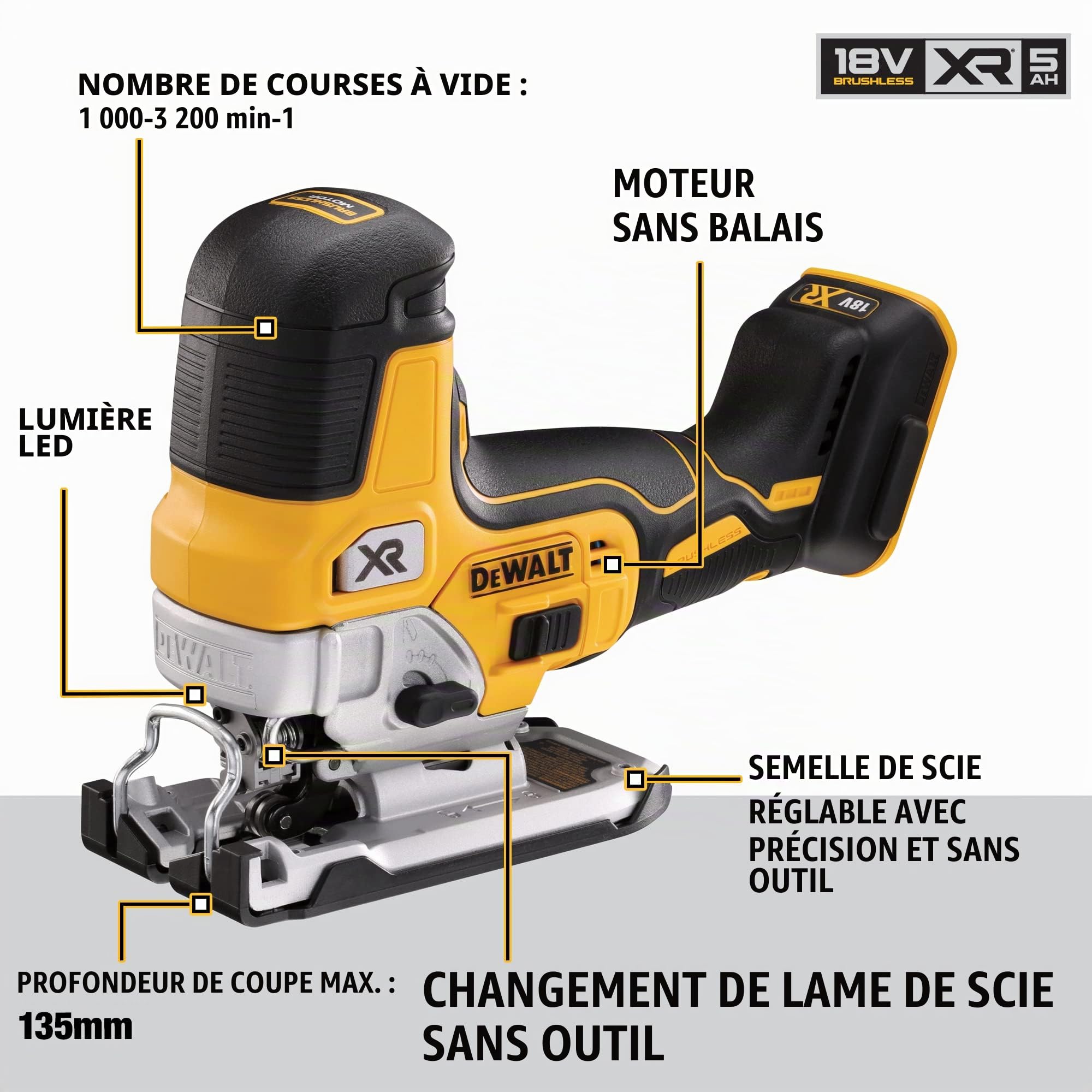 DeWalt Scie Sauteuse à Prise par le Corps Brushless XR 18V - DCS335NT-XJ - Scie sans Fil & Ponceuse Excentrique XR 18V 125mm Brushless - Appareil Électrique Sans Fil