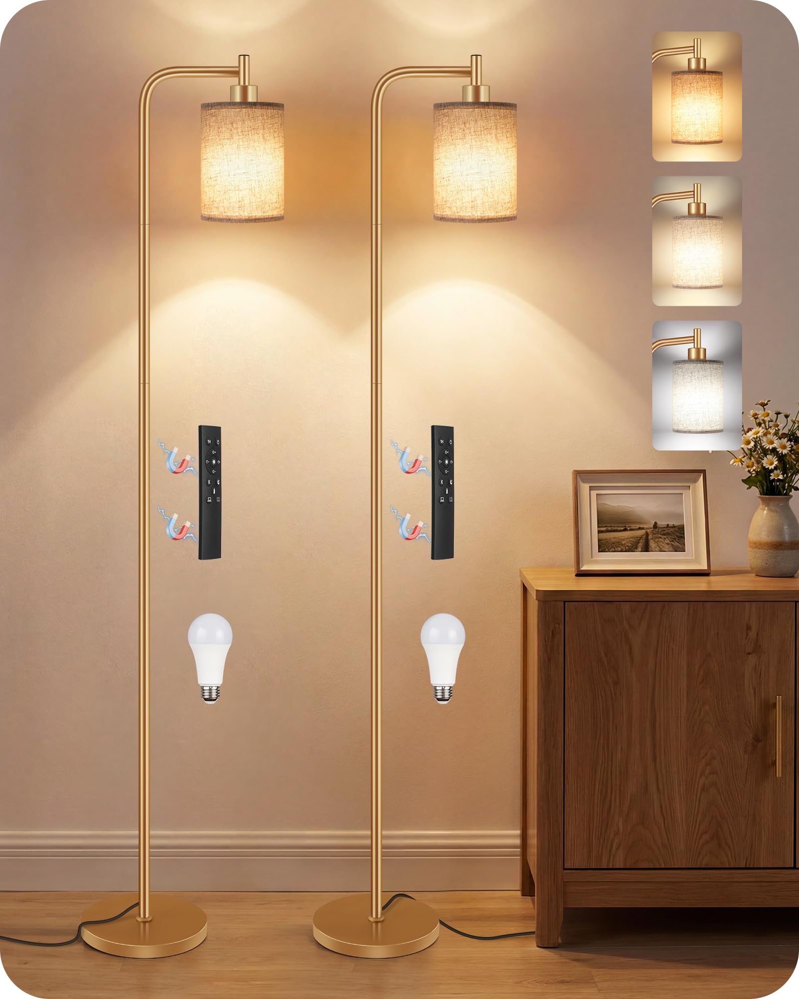 2Pack Dimmable Floor Lamp for Living Room with Remote and Foot Switch, Modern Standing, Corner Lamp,10W Bulb 3 Color Temperatures, for Bedroom, Office, ETL Listed, Gold and Beige DE19LDP205