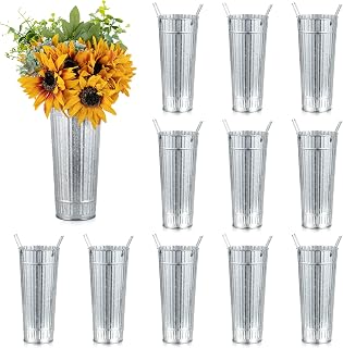 NUPTIO Galvanized Flower Bucket for Wedding: 12 Pcs 9.8" Tall Rustic Metal Vases for Flower Bar - Tin Planter Pot for Table Centerpiece Home Garden Decor