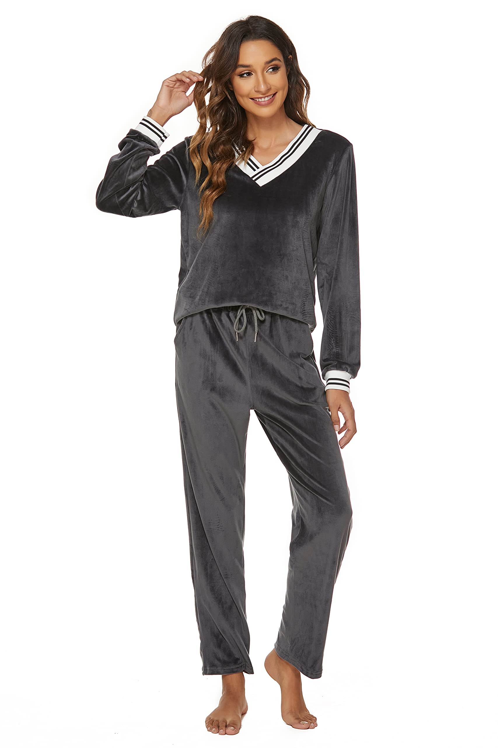 Welurowy dres treningowy, damski piżama, dwuczęściowy dres do biegania, dres sportowy, zimowy dekolt w serek, sweter i spodnie, komplet piżamowy Nicki, szary, S