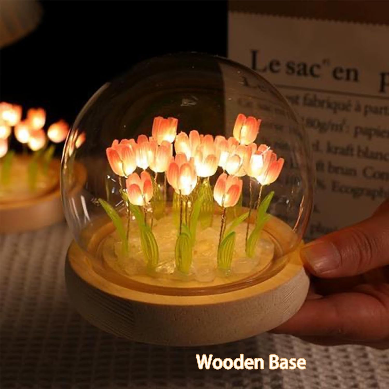 Tulip Night Light Corded, Birthday Flower Gifts for Her - Small Flower Lamp with Glass Cover, Wooden Base and Gift Bag -Cute Romantic Home Decor for Mom, Grandmother, Wife, Girlfriend, Sister, Women