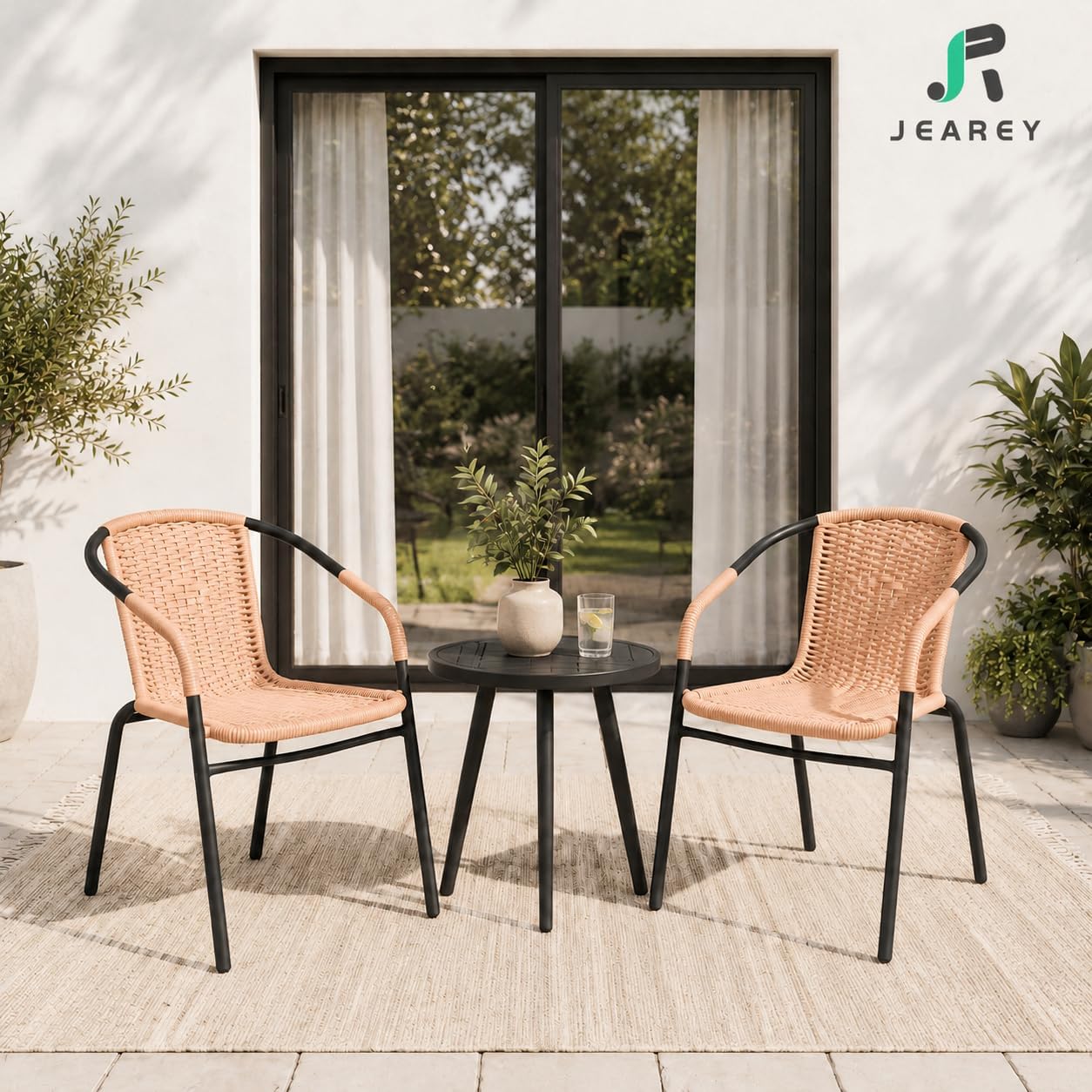  Outdoor Dining Chairs Set of 2, Stackable Rattan Patio Chairs, Beige thumbnail