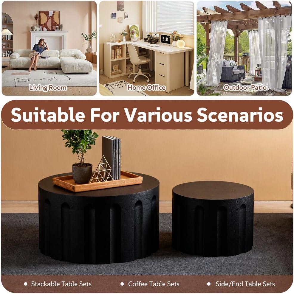 Round Nesting Coffee Table Set of 2 for Living Room, Modern Fluted Coffee Tables and End Table Sets Drum Circle Side Tables for Small Spaces Bedroom Balcony Office No Assembly Required,Black