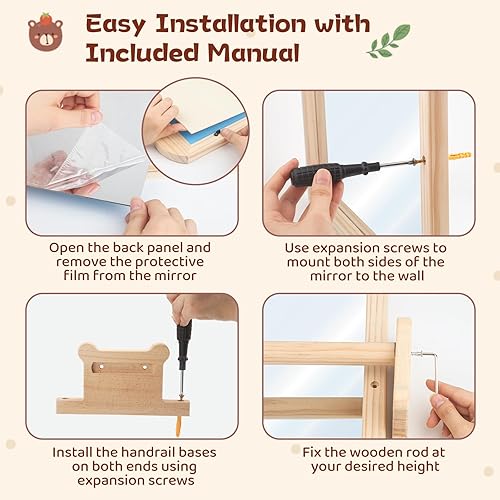 Miniatura 7 de Espejo Montessori con barra, marco de madera natural, espejo de barra de dominadas para bebé, altura ajustable, espejo de pared seguro para estar de