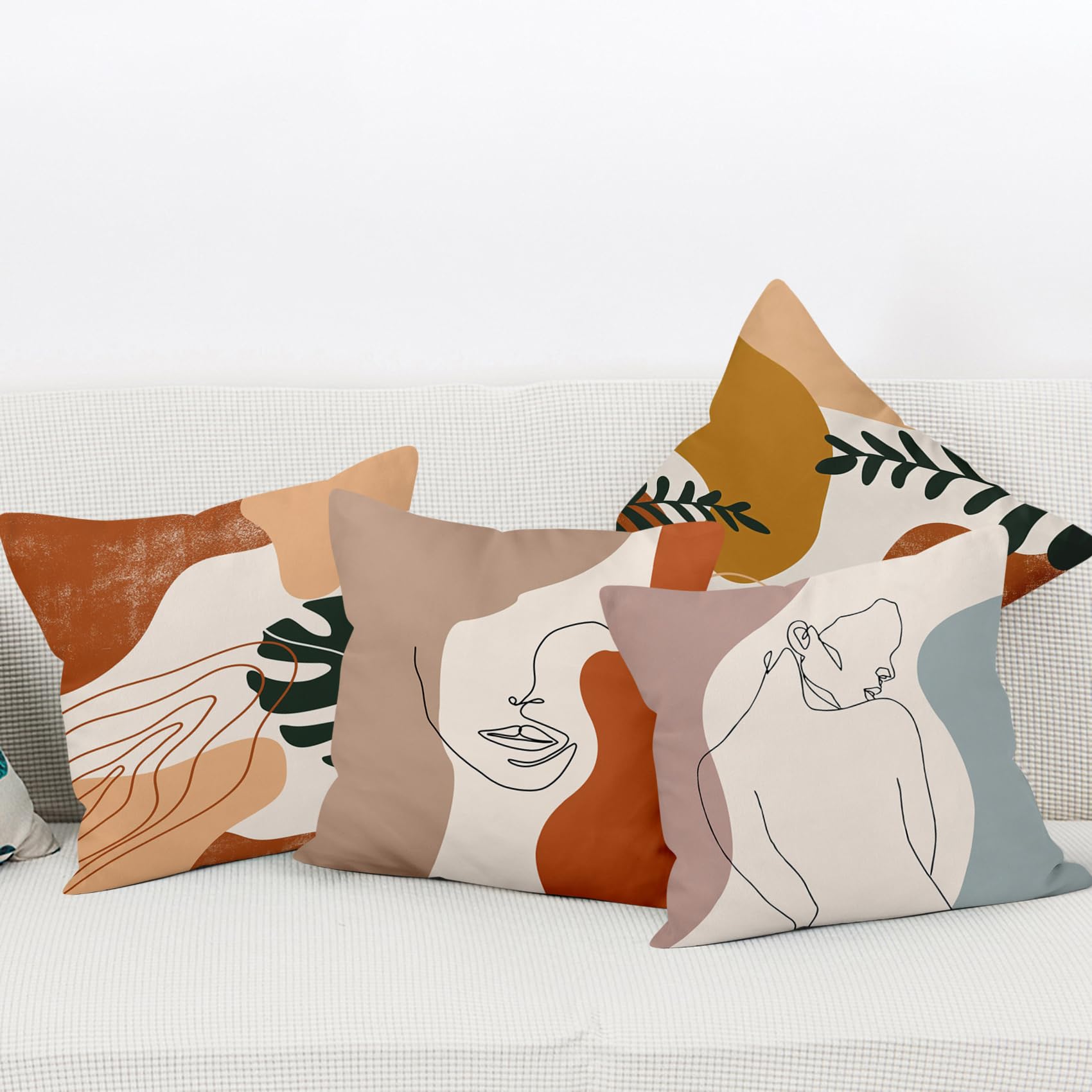 4er Set Kissenbezüge Boho – Abstrakt Gesichter Terracotta & Palmenblätter Design Für Sofa & Wohnzimmer
