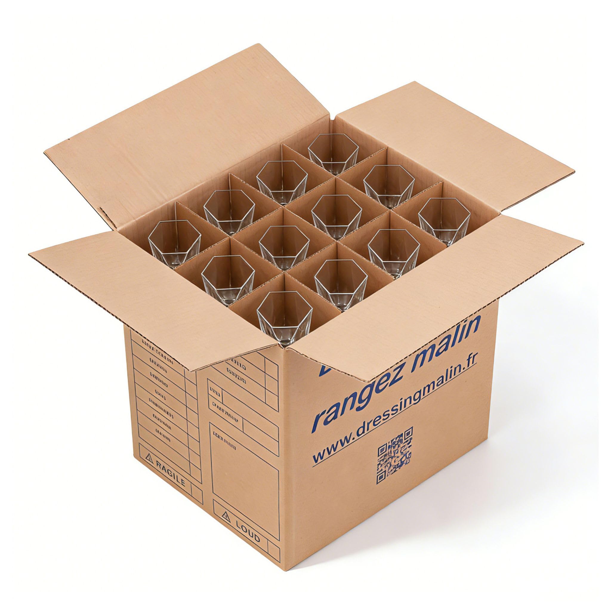 Kit Déménagement Vaisselle – 6 cartons multi-usage (34x26x32 cm, 28L), 6 séparateurs 2 x 9 assiettes, 2 x 36 verres, 2 x 12 bouteilles, 1 rouleau adhésif Havane (4,6 cm x 68 m)