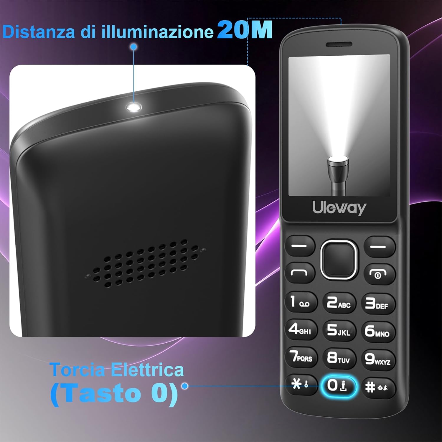 Close-up of uleway T1208 showing flashlight beam and '0' key