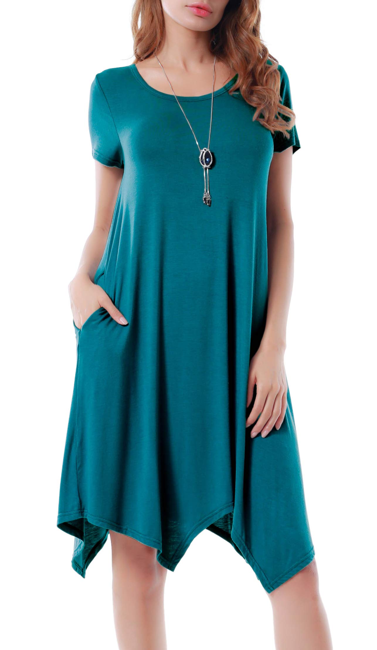 Women Casual Loose Soft Crewneck Short Sleeve Pockets Swing T-Shirt Dress