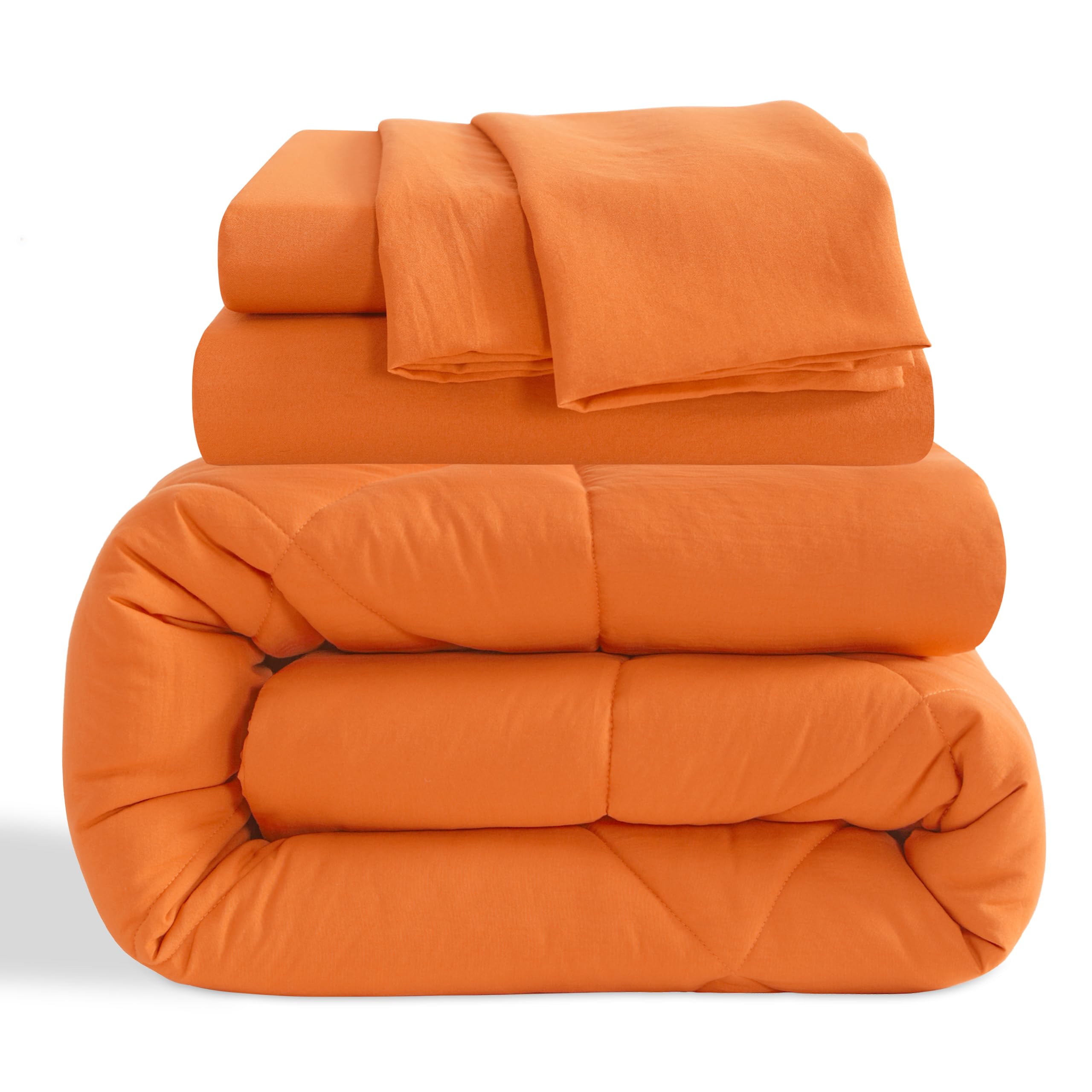 NTBAY Twin Comforter Set with Sheets, 5 Pieces Soft and Breathable Twin Bedding Set, Twin Bed in a Bag, Down Alternative Comforter Set Solid Color All Season, Kids Bedding Set, Orange